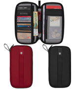 Victorinox Travel Organizer Wallet in black, featuring RFID protection, ample storage for cards, passport, and quick-access pockets.