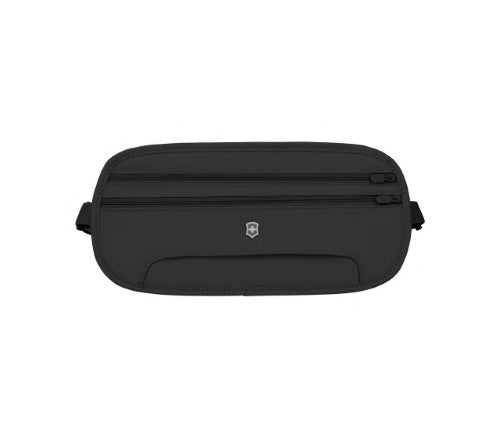 Black Victorinox RFID Security Belt with multi-pocket design for secure storage of currency and documents, ideal for travelers.