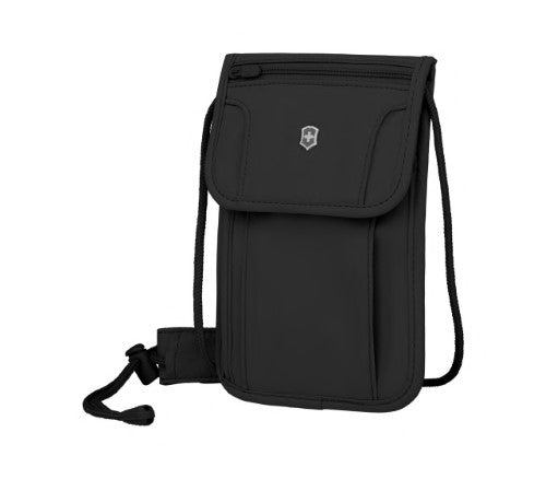 RFID-blocking black security pouch for safe travel, conceals documents under clothing, with adjustable neck strap.