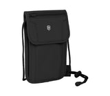 Black RFID travel security pouch by Victorinox for safely storing documents and currency under clothing with a neck strap.