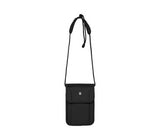 Black RFID travel security pouch by Victorinox, designed to protect passports and documents with a neck strap for discreet wear.