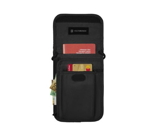 Black RFID Security Pouch by Victorinox, lightweight, discreet, protects travel documents against electronic theft.