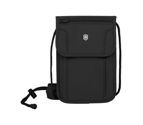 Black RFID security pouch by Victorinox for safe travel document storage; lightweight, discreet, and protects against identity theft.