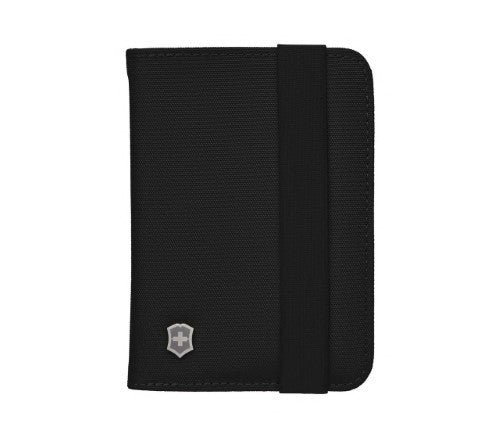 Victorinox black RFID passport holder with slots for passport, ID, and credit cards, offering secure closure and data protection.