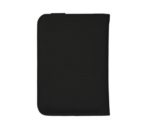 Black Victorinox RFID Passport Holder featuring slots for passport, ID, and credit cards, with added RFID protection.