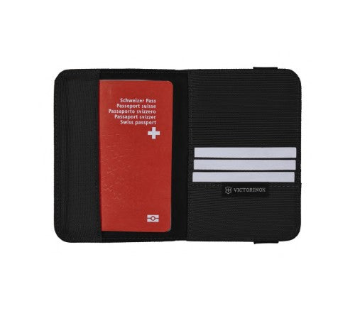 Victorinox RFID Passport Holder in black, featuring slots for passport, ID, and cards, with secure closure and RFID protection.