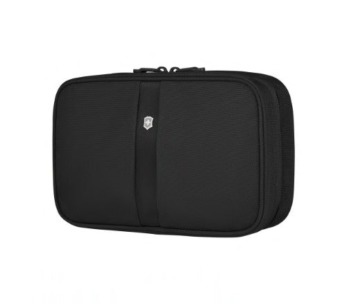 Zip-Around Travel Kit in black by Victorinox, offering organized space for toiletries with a compact tri-fold design and hanging hook.