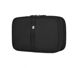 Zip-Around Travel Kit in black by Victorinox, offering organized space for toiletries with a compact tri-fold design and hanging hook.