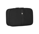 Sleek black Zip-Around Travel Kit by Victorinox with spacious compartments and antibacterial lining for organized toiletries.