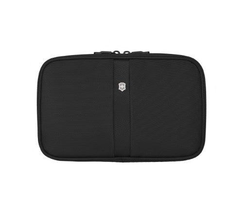 Stylish black Zip-Around Travel Kit by Victorinox with multiple pockets, antibacterial lining, and a convenient hanging hook.