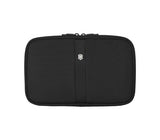 Stylish black Zip-Around Travel Kit by Victorinox with multiple pockets, antibacterial lining, and a convenient hanging hook.