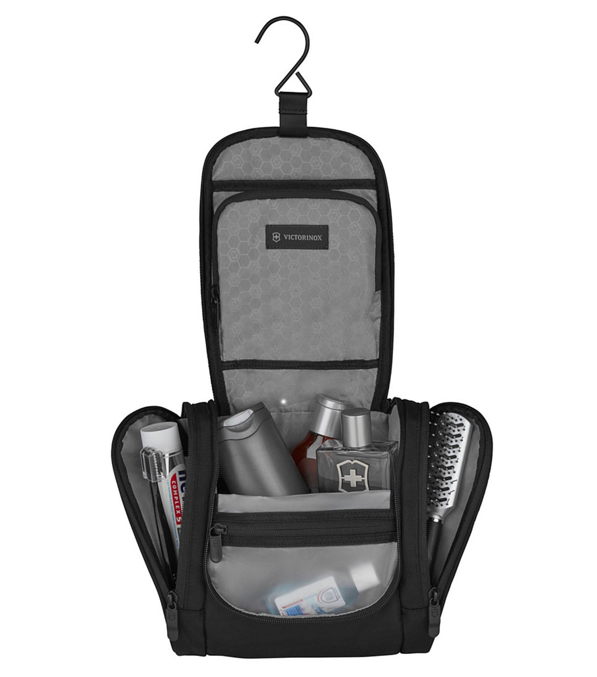 Victorinox Hanging Toiletry Kit in black, compact design with antibacterial lining and convenient hanging hook for travel organization.