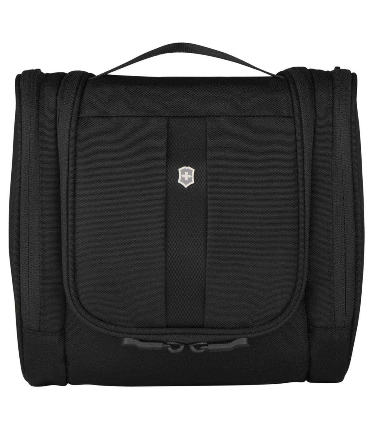 Victorinox Hanging Toiletry Kit in black, featuring antibacterial lining, hanging hook, and compact design for easy travel organization.