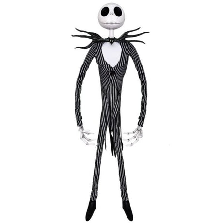 Life-sized animatronic Jack Skellington from Nightmare Before Christmas, moves jaw and plays sounds, perfect Halloween decor.