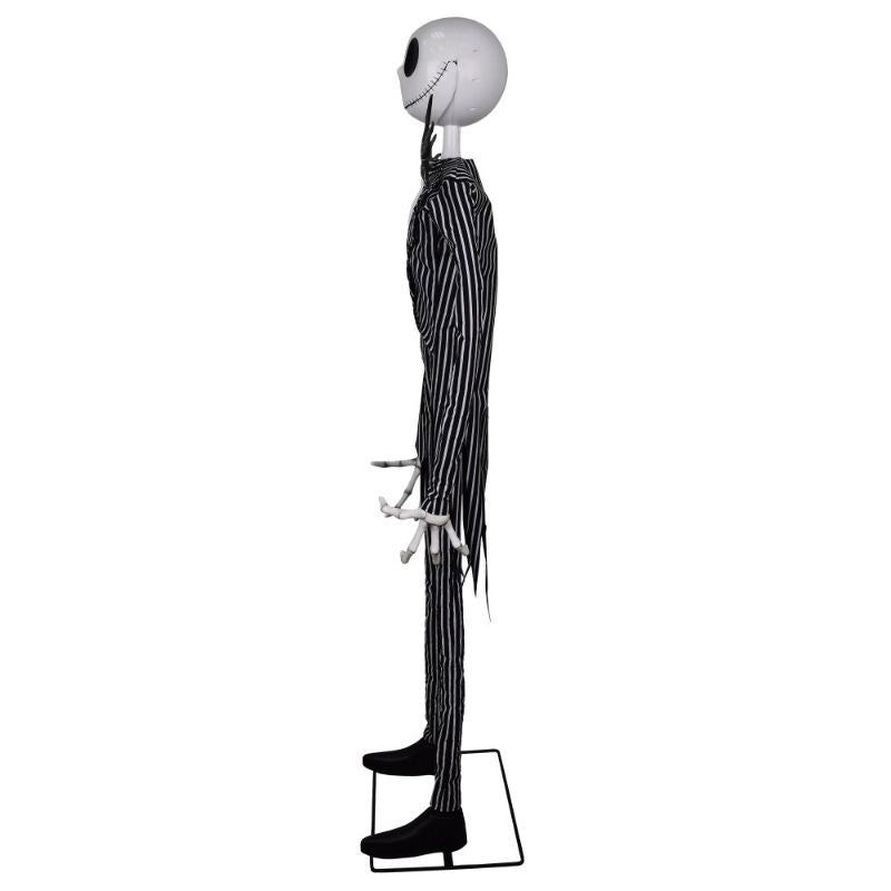 Life-sized animatronic Jack Skellington figure, 182cm tall, moves jaw and plays sounds, perfect for Halloween decor.