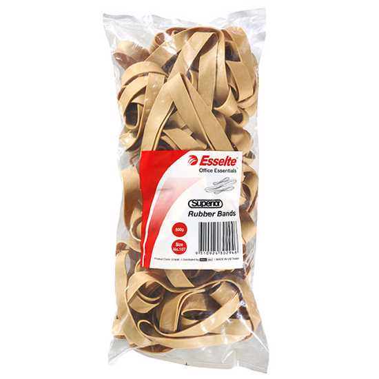 Esselte Superior Rubber Bands #107 in a 500g bag, ideal for office and home use, made from high-quality natural rubber.