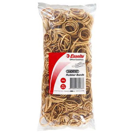 Esselte Superior Rubber Bands Size 30 in a 500g bag, ideal for organizing documents and supplies with durable natural rubber.