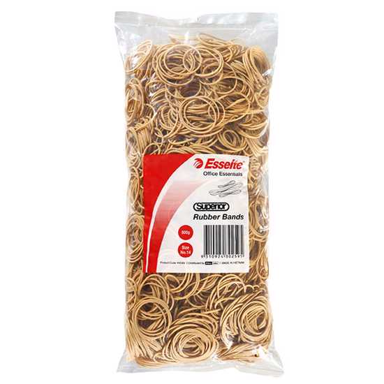 Esselte Superior Rubber Bands Size 14 in 500g bag, made from durable natural rubber for reliable bundling and organization.