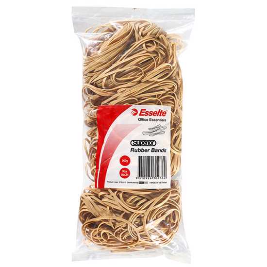 Esselte Superior Rubber Bands, Size 34, 500g bag, featuring durable, high-quality natural rubber for versatile binding needs.