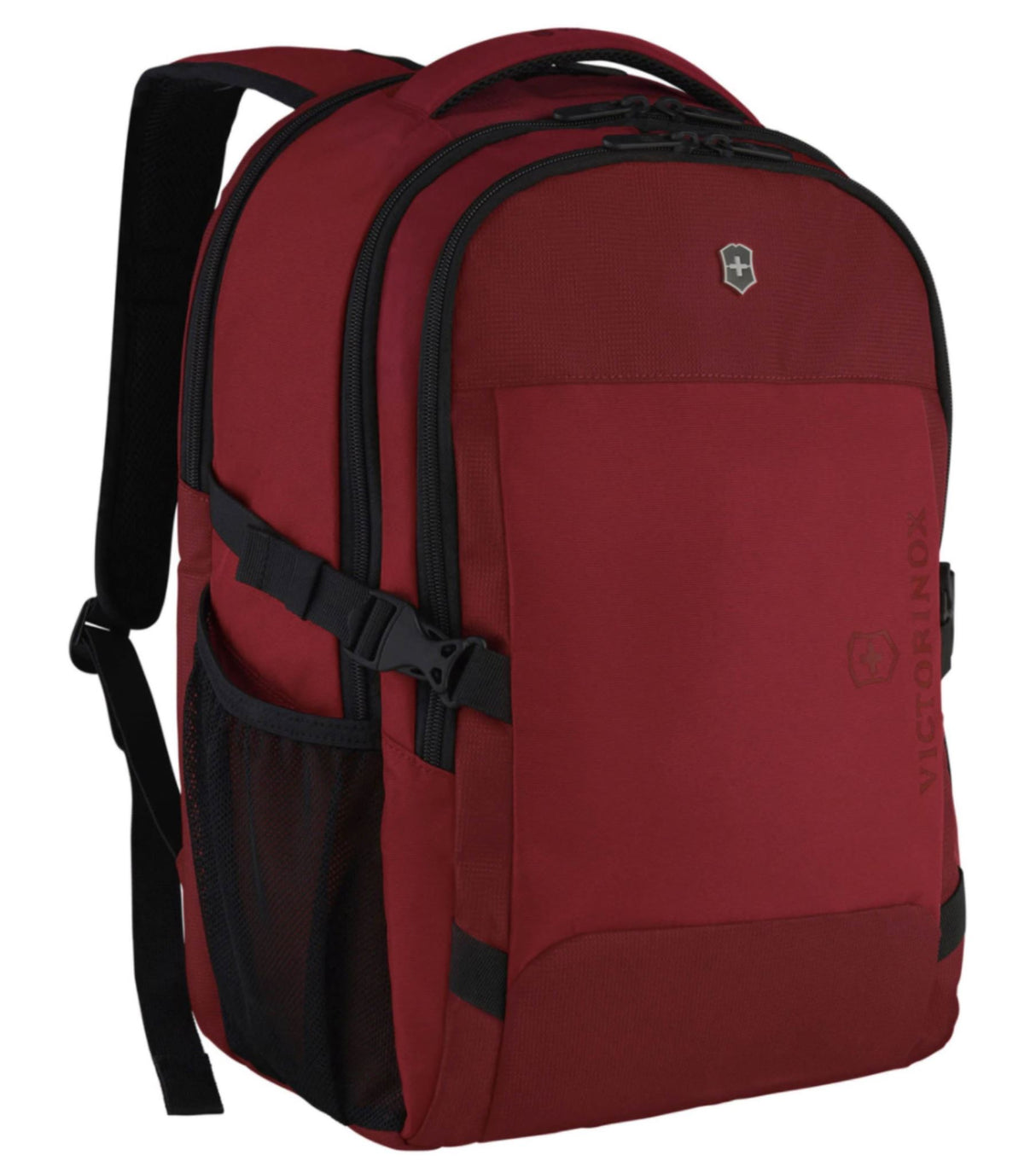 Red Victorinox VX Sport EVO 16" Laptop Daypack with padded compartment, multiple pockets, and adjustable straps for comfort.