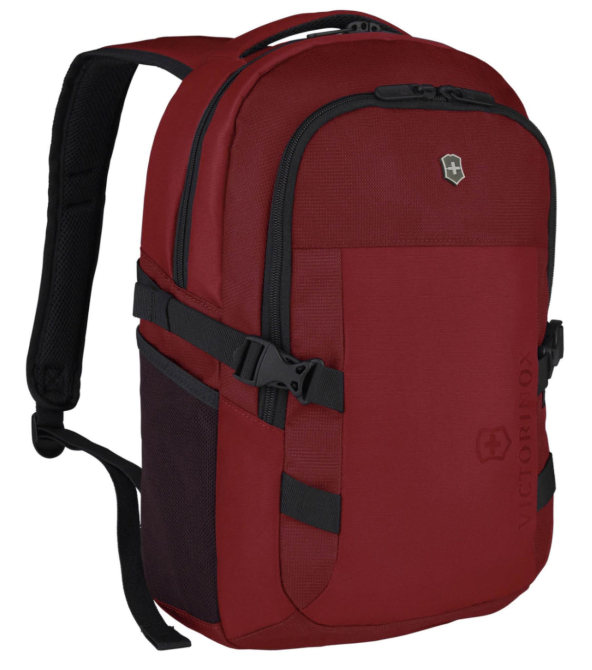 Red Victorinox VX Sport EVO Compact backpack for 15" laptops, featuring padded compartments and versatile organization options.