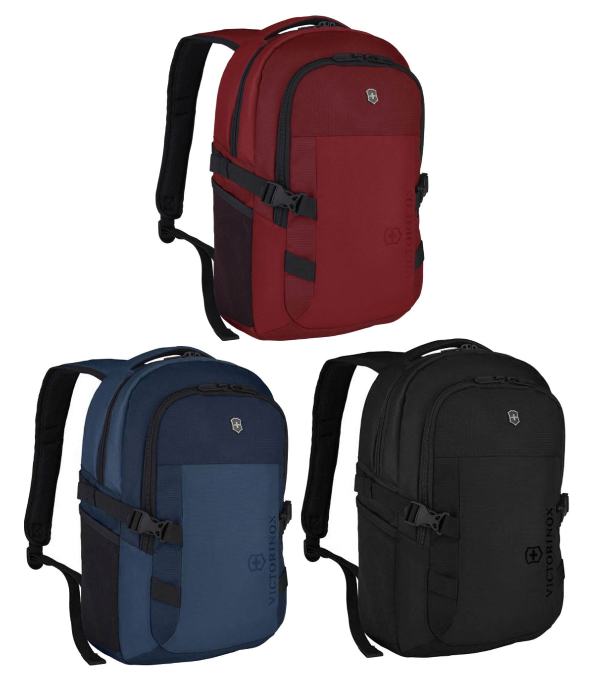 Red Victorinox VX Sport EVO Compact 15" laptop backpack featuring padded compartment, ergonomic straps, and multiple organizational pockets.