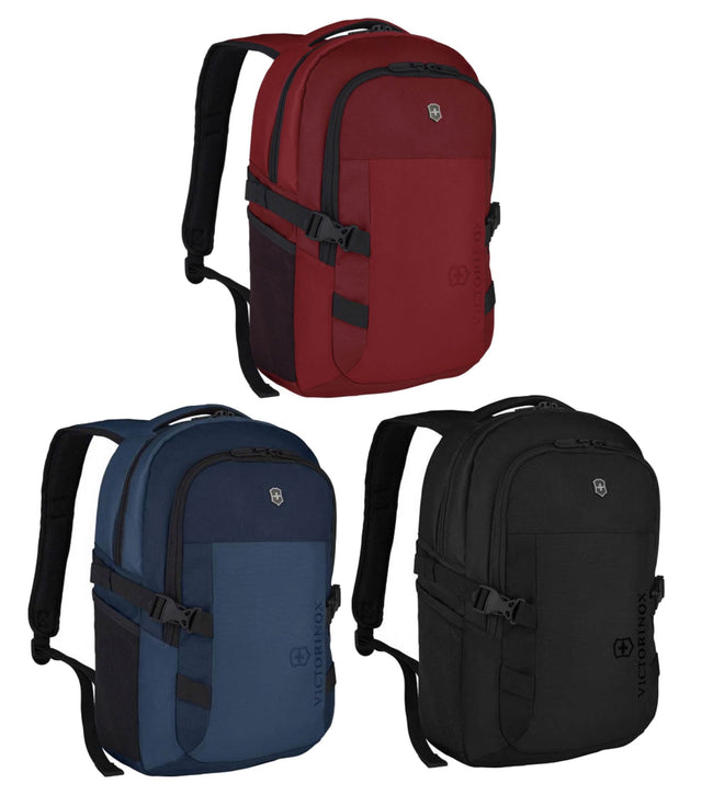 Blue Victorinox VX Sport EVO Compact 15" laptop backpack with padded compartments, airflow channels, and organizational pockets.