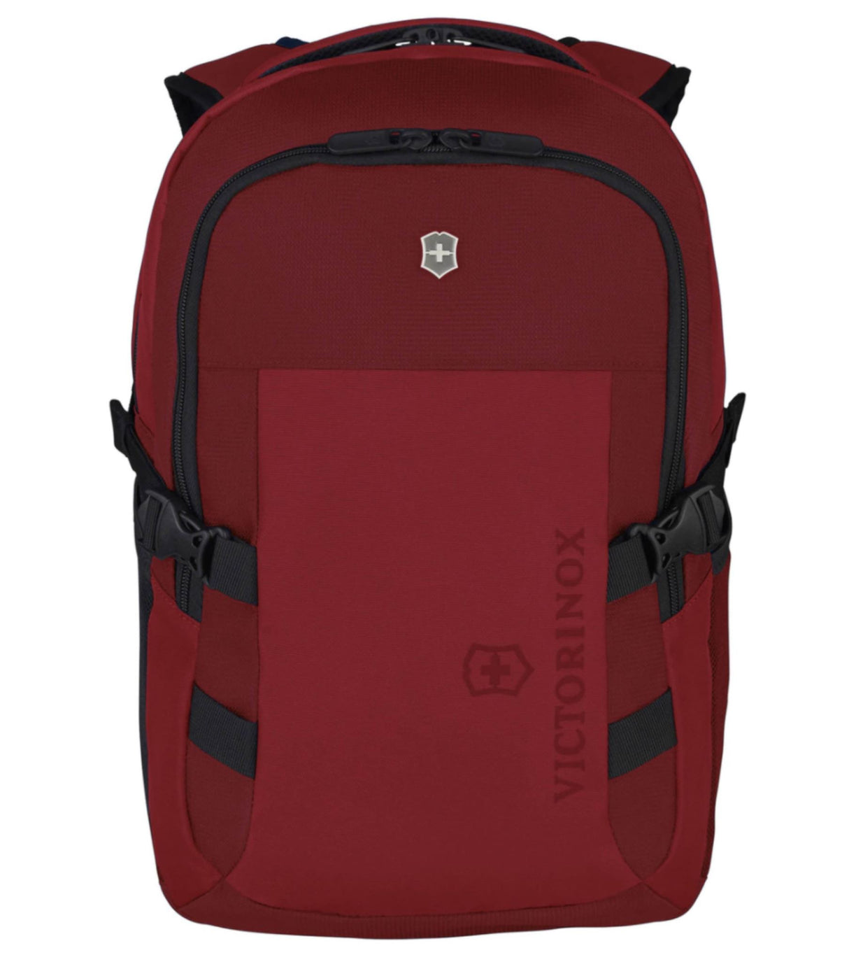 Red Victorinox VX Sport EVO Compact 15" laptop backpack featuring padded compartments and airflow channels for comfort.