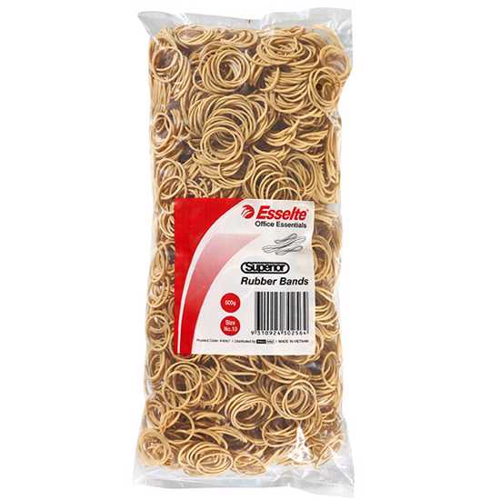 Esselte Superior Rubber Bands Size 10 in a 500g bag, strong, elastic, and ideal for office and home organization tasks.