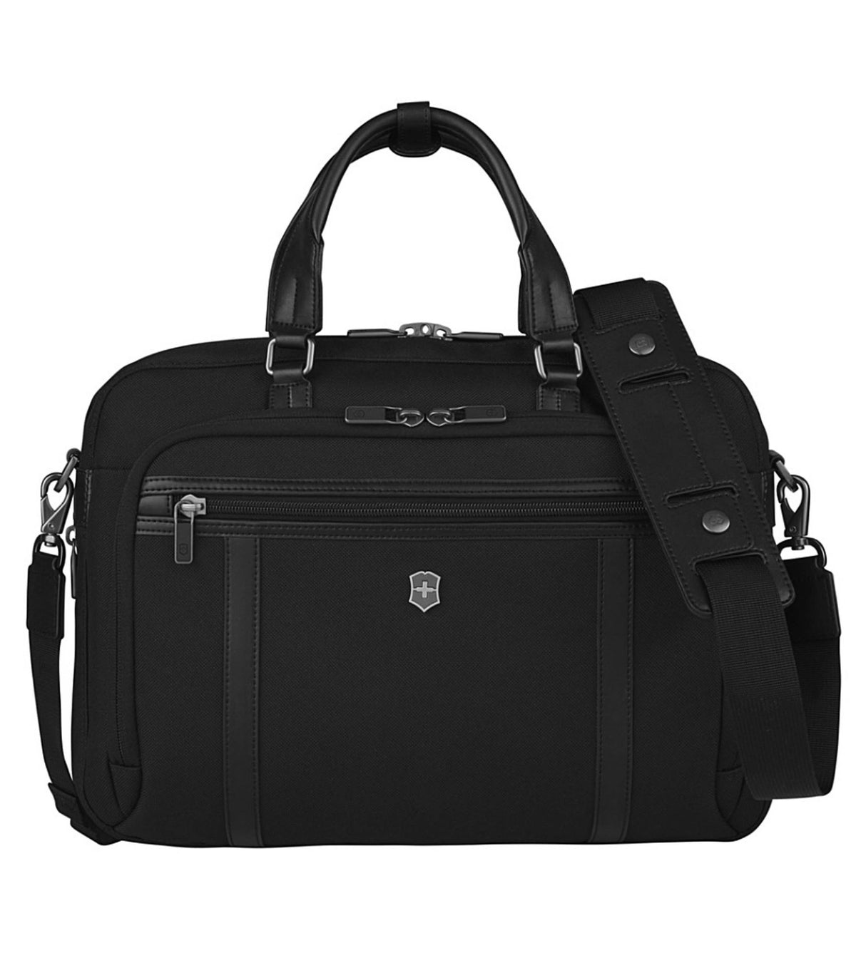 Victorinox black laptop brief made of durable CORDURA® fabric, featuring padded 13" laptop and tablet compartments.