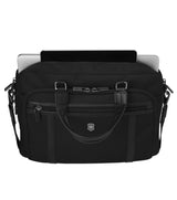 Victorinox Werks Professional black laptop brief with CORDURA® fabric, dedicated 13" laptop and tablet compartments, and organizer.