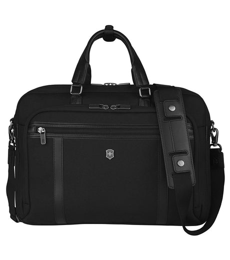 Sleek black Victorinox laptop brief with padded 15" compartment, tablet pocket, and durable CORDURA® fabric for professionals.