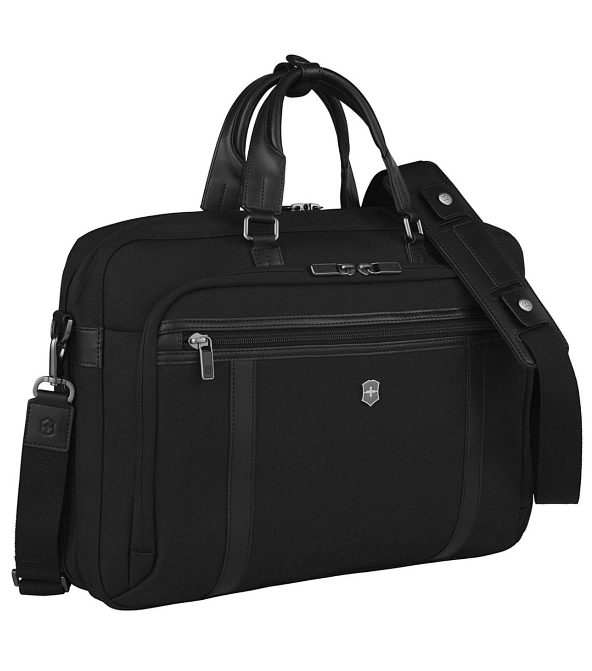 Sleek black laptop brief with dedicated padded compartment, made of durable water-repellent CORDURA® fabric for professionals.