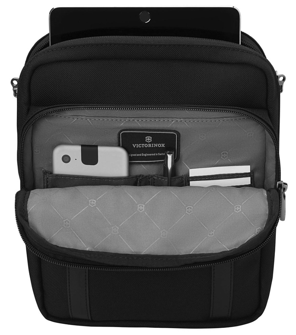 Victorinox Werks Professional Cordura Crossbody Tablet Bag in black, featuring a padded tablet compartment and durable waterproof fabric.