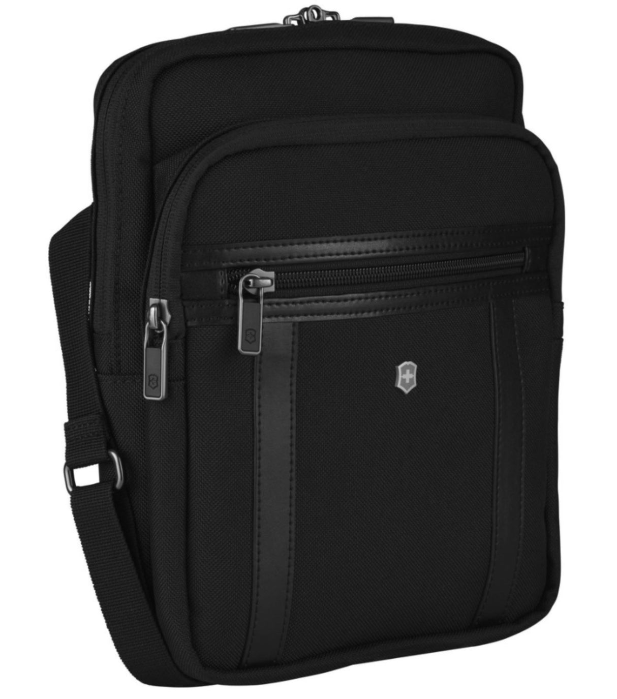 Victorinox Werks Professional Crossbody Tablet Bag in black, featuring a padded tablet compartment and durable CORDURA® fabric.