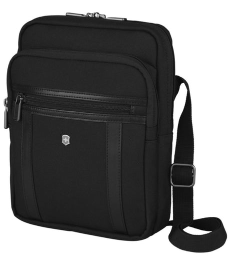 Black Victorinox Werks Professional Cordura Crossbody Tablet Bag with padded tablet compartment and adjustable shoulder strap.