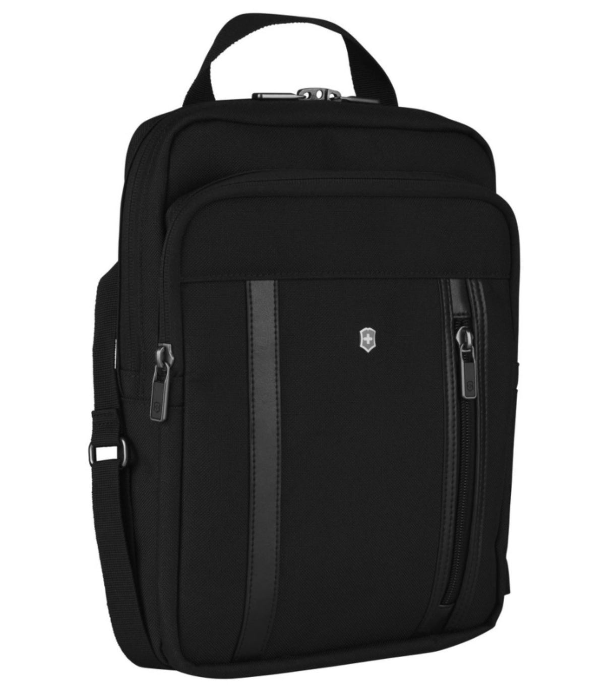 Victorinox Werks Professional crossbody bag in black, featuring durable CORDURA® fabric and a padded laptop compartment.