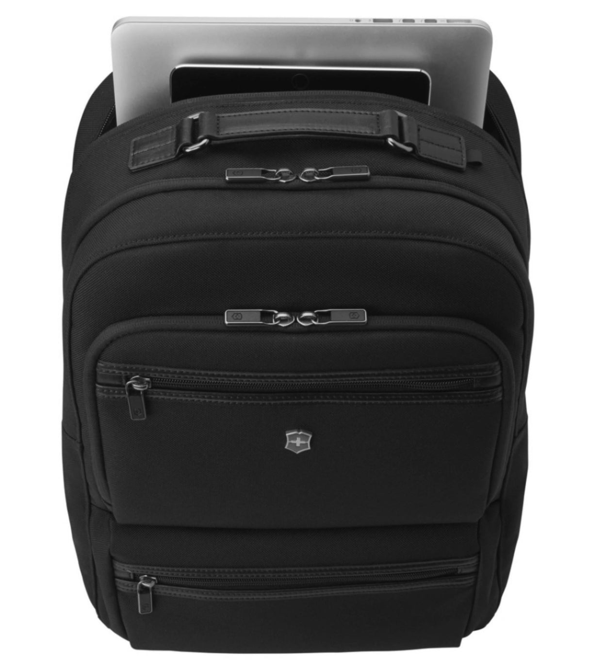 Victorinox Werks Professional black backpack with 17" laptop compartment, durable CORDURA® fabric, and smart organization features.