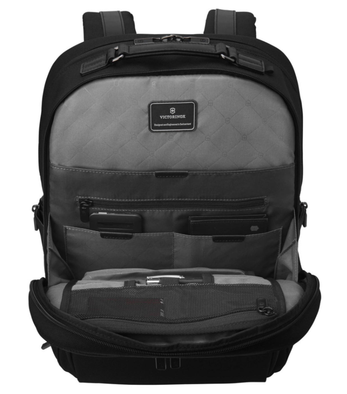 Victorinox Werks Professional 17" Laptop Backpack in black, featuring CORDURA® fabric, padded laptop compartment, and smart organization.