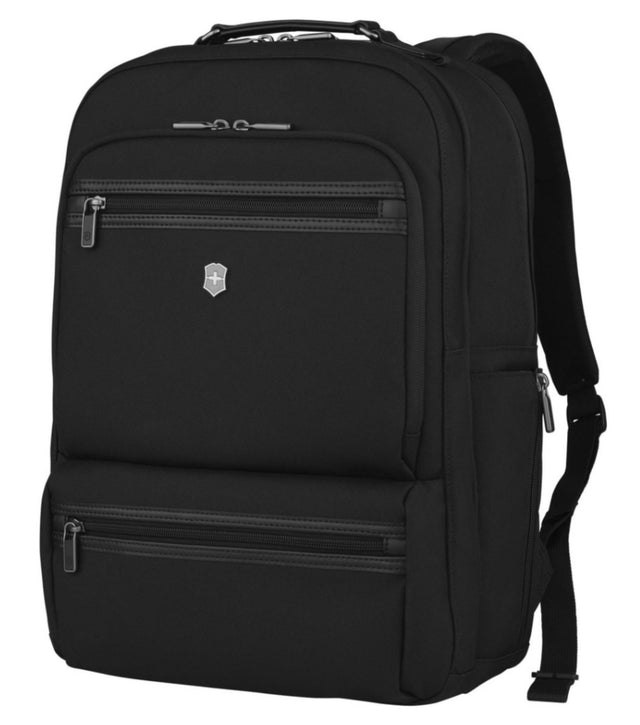 Victorinox 17" laptop backpack in black, featuring durable CORDURA fabric, multiple pockets, and adjustable straps for professionals.