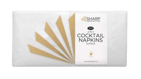 White 2-ply cocktail napkins, 240mm x 240mm, 1/4 fold, 250 per pack, perfect for elegant events and gatherings.
