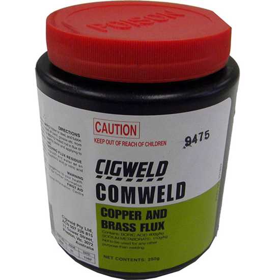 Cigweld Comweld Brazing Flux in 250g, ideal for efficient braze welding of copper, brass, and bronze in powder or paste form.