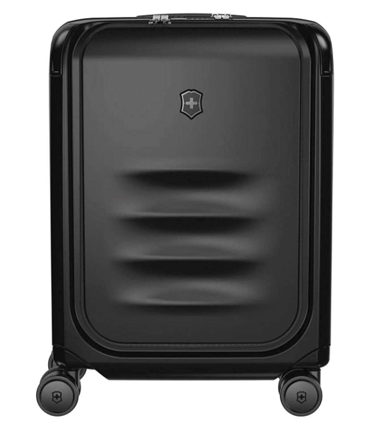 Victorinox Spectra 3.0 Expandable 55cm black carry-on suitcase with USB port, dual-caster wheels, and eco-friendly design.