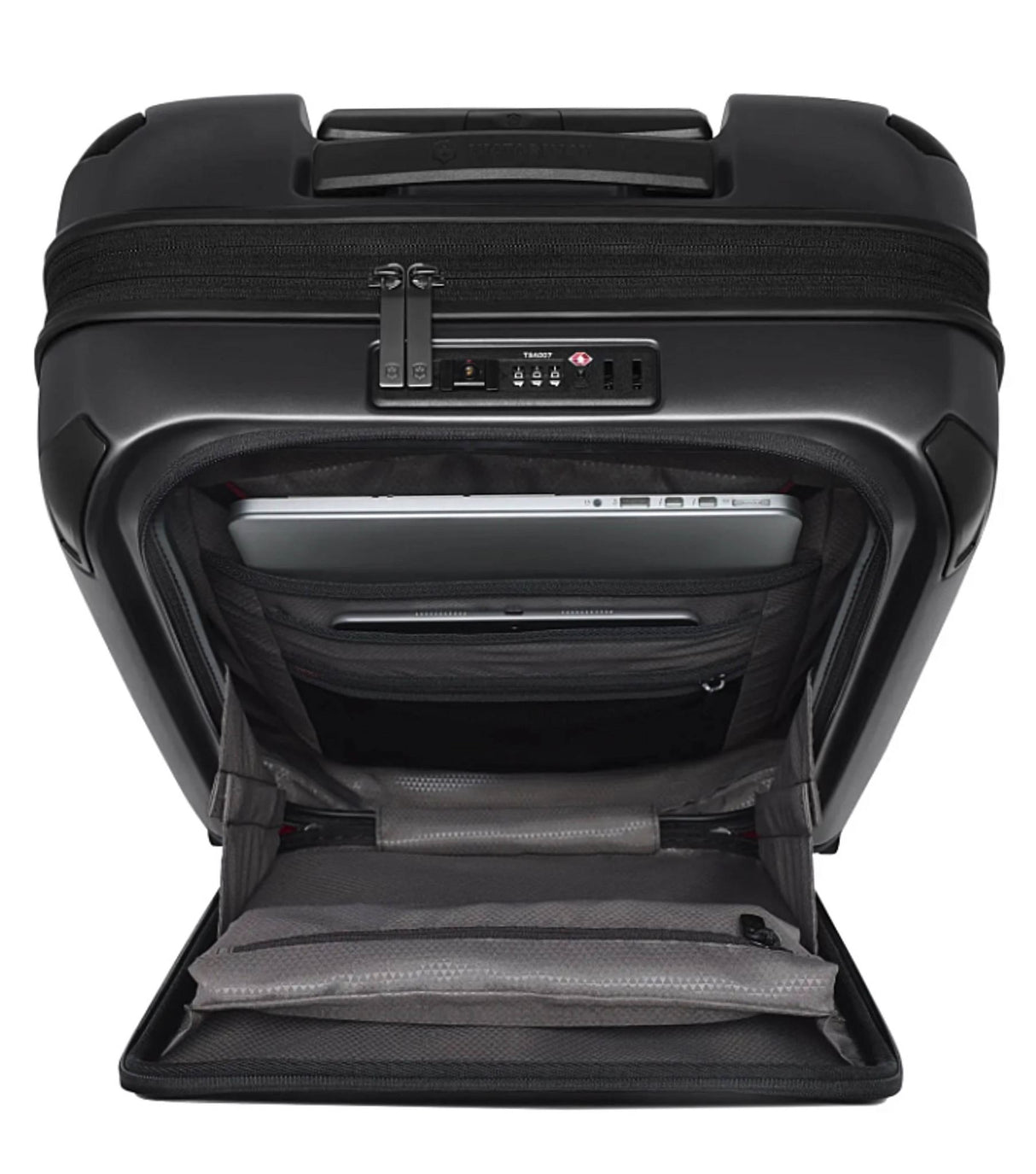 Victorinox Spectra 3.0 compact black carry-on with expandable capacity, front access compartment, and USB charging port.