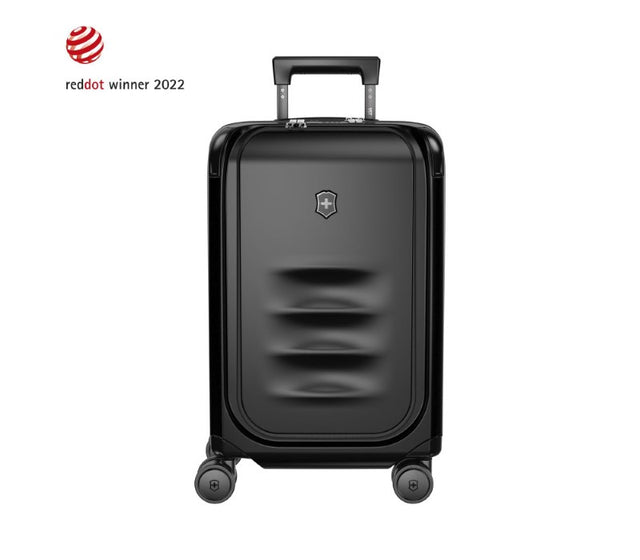 Stylish black carry-on luggage with expandable capacity, durable recycled polycarbonate, and effortless spinner wheels.