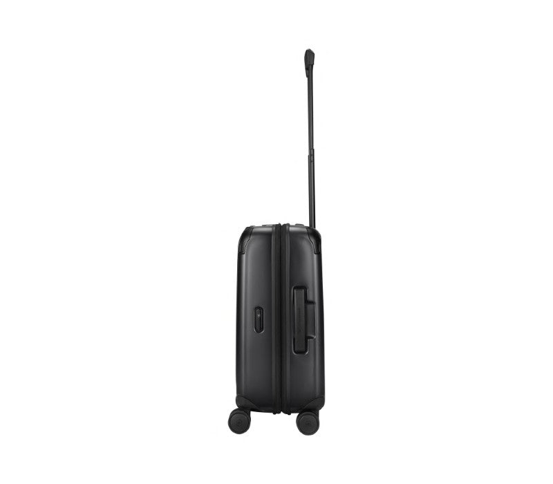 Victorinox Spectra Frequent Flyer carry-on luggage in black, made from recycled polycarbonate, features expandable design and easy-access pockets.