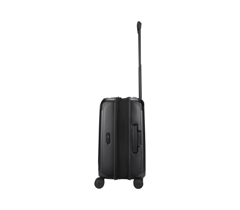 Victorinox Spectra Frequent Flyer carry-on in black, featuring durable recycled polycarbonate and expandable packing capacity.