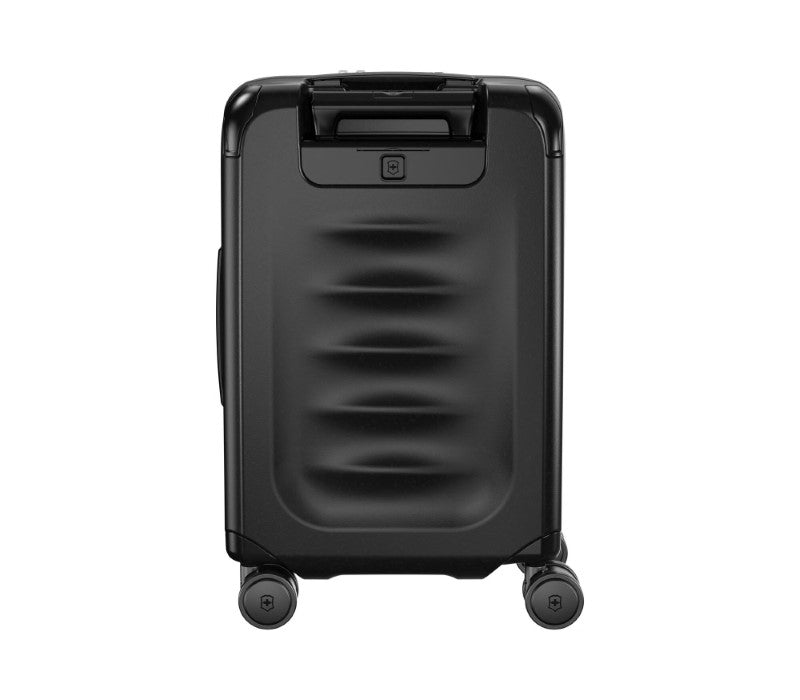 Victorinox Spectra Frequent Flyer carry-on in black, featuring durable recycled polycarbonate, easy-access pockets, and expandable capacity.