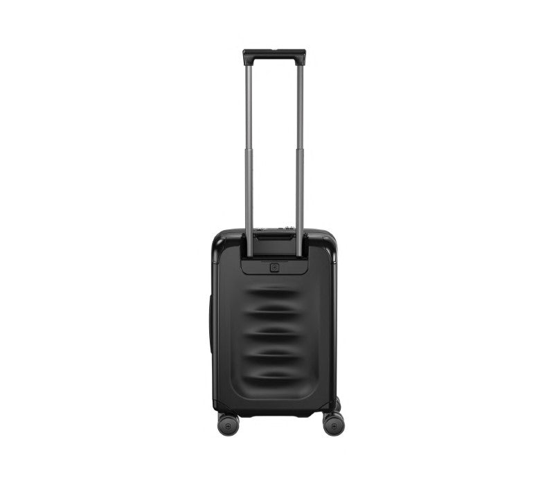 Sleek black Victorinox Spectra Frequent Flyer carry-on luggage made from eco-friendly SORPLAS™, expandable with easy-access pockets.