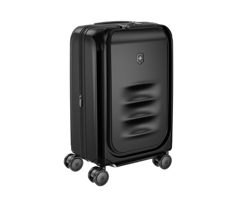 Victorinox Spectra Frequent Flyer carry-on in black, featuring eco-friendly SORPLAS, expandable design, and easy-access pockets.